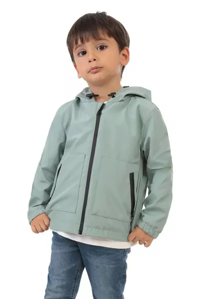 Impermeabile da pioggia con cappuccio a doppia cerniera per bambino, colore verde menta, con fodera, resistente a acqua e vento