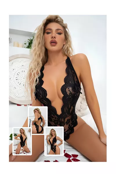 Black Lace Open Crotch Nightgown