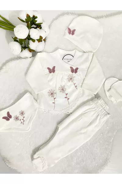 Gift Box Baby Girl 5-Piece Organic Hospital Set with Butterfly Embroidery, Newborn Outfit cm 0-3 Months