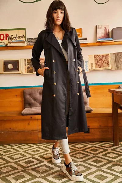 Women's Black Pocketless Unlined Trench Coat 