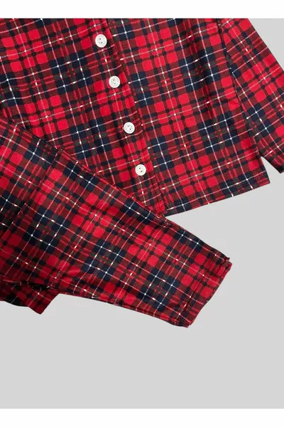 Boys' Cotton Suede Fabric Red Plaid Pattern Shirt Collar Full-Button Pajama Set