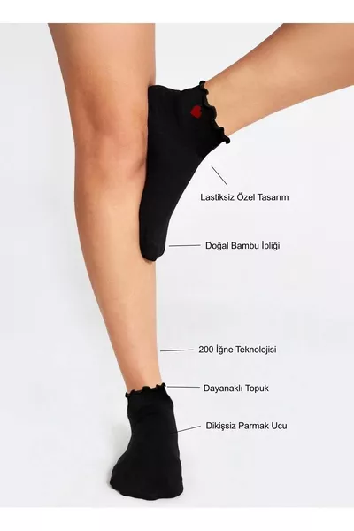 Бамбукови дамски чорапи без ластик и шевове с къдраво сърце, комплект от 3, черни