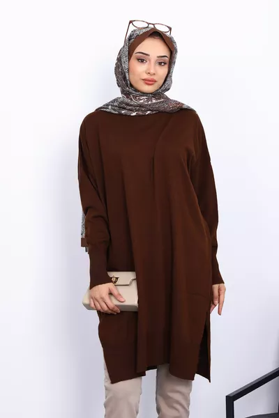 Brown Bike Collar Mercerized Loose Knit Tunic