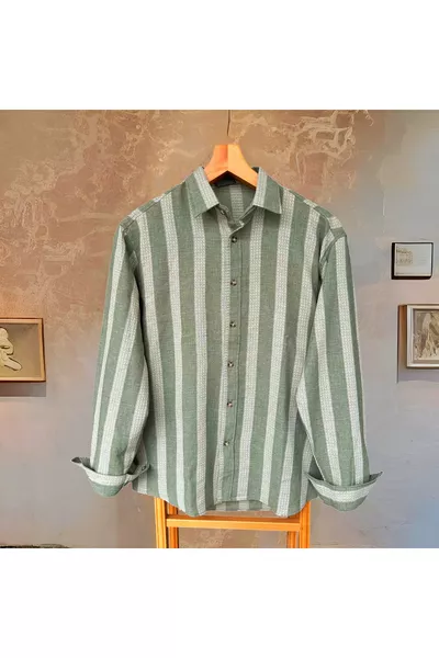 قميص رجالي واسع من الكتان بياقة قميص وأكمام طويلة صيفي