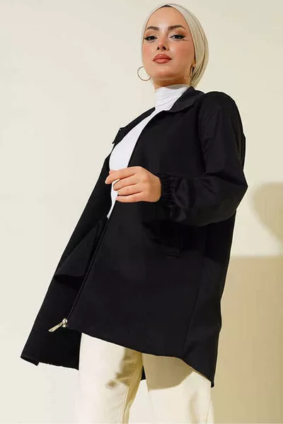  Short Trench Coat with Pocket Flap - Black