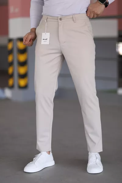 Men's Cream Color Slim Fit Stretch Cotton Linen High-Quality Trousers