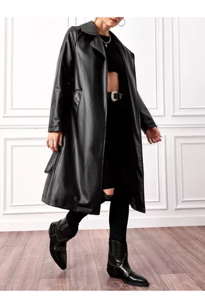 Kadın Kuşaklı Bağlamalı Suni Deri Trençkot Siyah