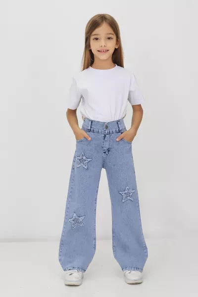 Jeans Girls' Cotton Denim without Lycra, Star Pattern, Elastic Waist, Wide Leg, % Cotton, Starry Denim
