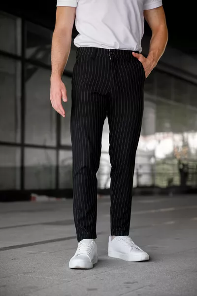 Men's Black Slim Fit Striped Fabric Trousers