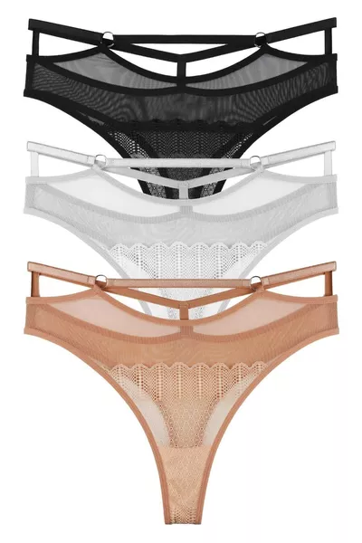 Women's Lace and Tulle Detail Drawstring Waist Thong 3-Piece Panty Set -  (PLUS SIZE)