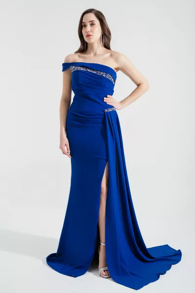 Dames Saks Boat Collar Stone Lange Avondjurk