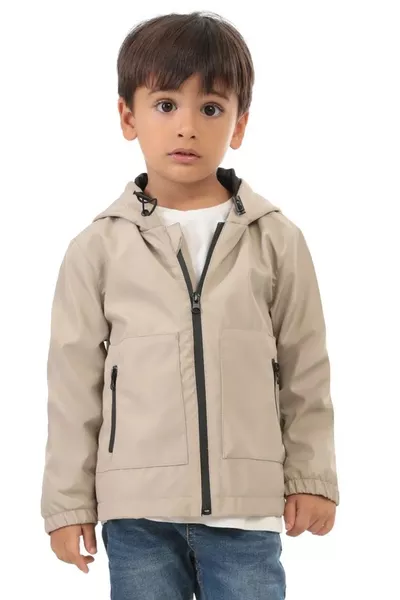 Impermeabile da pioggia con cappuccio, doppia cerniera, antivento e con fodera in tessuto a pietra per bambini maschi
