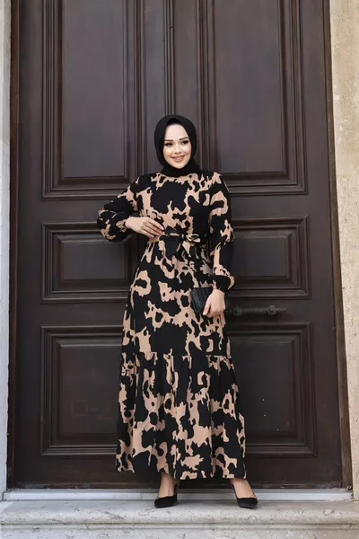 Dames Zomer Belted Mouw Elastische Patroon Viscose Geweven Hijab Jurk