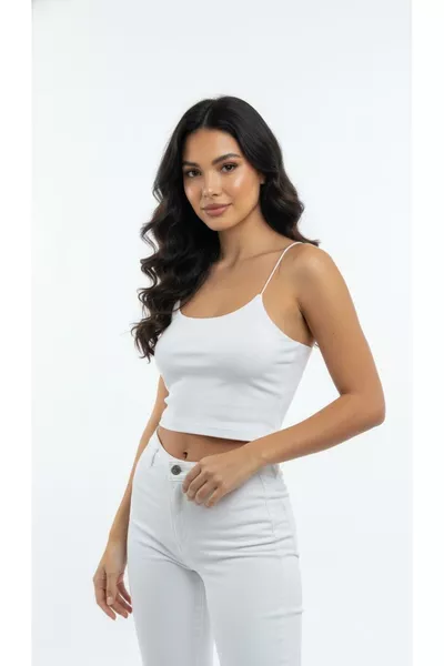 White Spaghetti Strap Cropped Top Lined Bustier Blouse