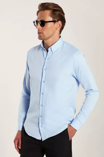 Chemise pour homme à coupe slim fit, manches longues, en coton Oxford, facile à repasser, bleue, avec col boutonné