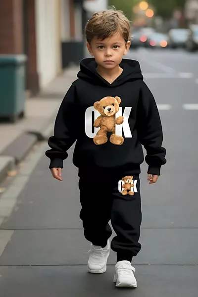 Сезонен комплект за деца унисекс с щампа, с качулка и джоб тип кенгуру