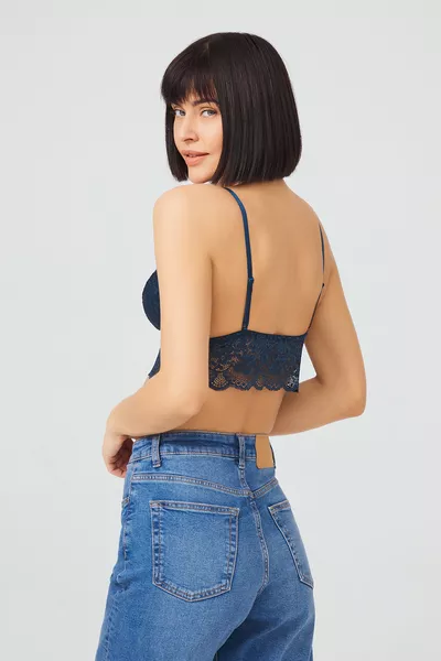 Women's Petrol Green Lace Thin-Strap Covered Triangle Bralette Bustier Bra