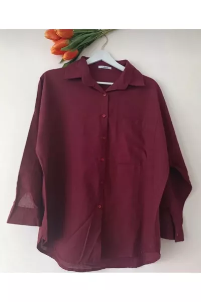 قميص من الكتان القطني ٪ بلون العنابي