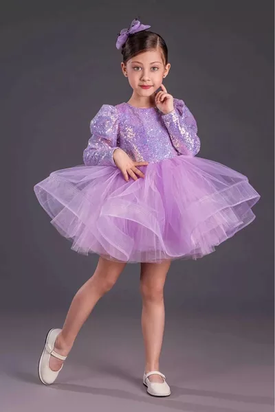 Robe Tutu pour Fille à Jupe Gren avec Sequins et Manches Longues  LILAS