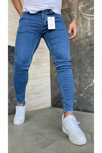 بنطال جينز رجالي أزرق بليكر مطاطي قصّة ضيقة 