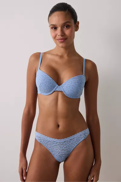 حمالة صدر بدون حشوة بتصميم مرفع وعملية لدعم الشكل باللون الأزرق مع دانتيل وزهور