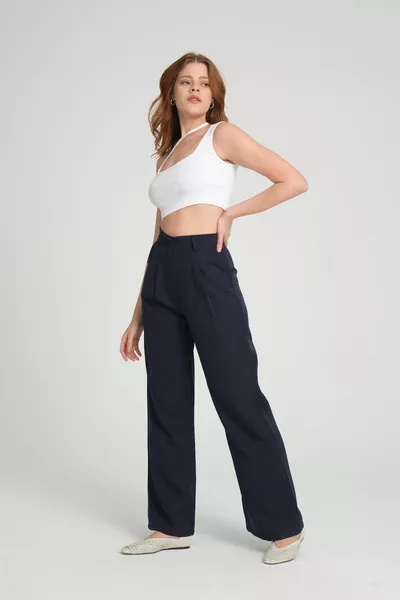 بنطال بالازو عالي الخصر بقماش كسرات نسائي باللون الأزرق الداكن