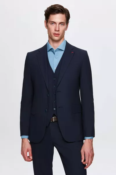 Тесен силует Тъмносиньо Едноцветно Облечено с едно цепка Облечено с подплата Костюм с жилетка