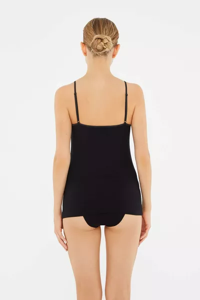 تيشيرت نسائي قطني أسود بكتف رفيع، طقم من قطعتين