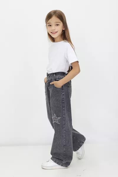 جينز للبنات بدون ليكرا، ساق ضيقة، مزين بالنجوم، خصر مطاطي، ٪ قطن، دنيم بنجوم