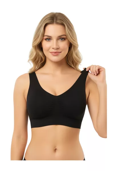 صدرية مشدّة سوداء بحمالات عريضة لتجميع الصدر، مبطنة للحماية من الترهل وتحسين الوضعية