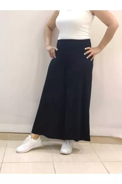 Black Elastic Waist Wide-Leg Jersey Viscose Pants Skirt