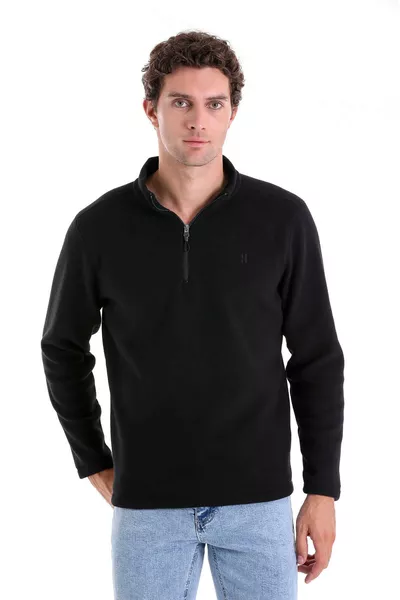Schwarzes Regular Fit Fleecepullover mit halbem Reißverschluss und Rundhalsausschnitt