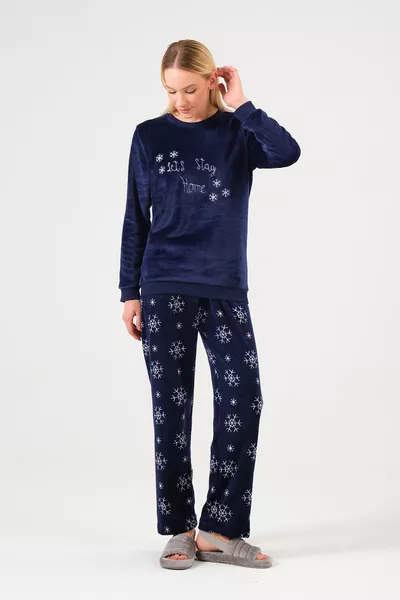 طقم بيجامة نسائية شتوي للعام الجديد باللون الأزرق الداكن ناعم جدًا عيد الميلاد