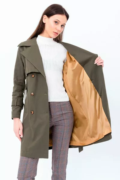 Trench-coat femme kaki % coton gabardine midi ( cm) doublé avec ceinture 