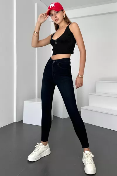 Jean femme en denim taille haute, super skinny, stretch, bleu marine JENNIE-BLUE BLACK-K