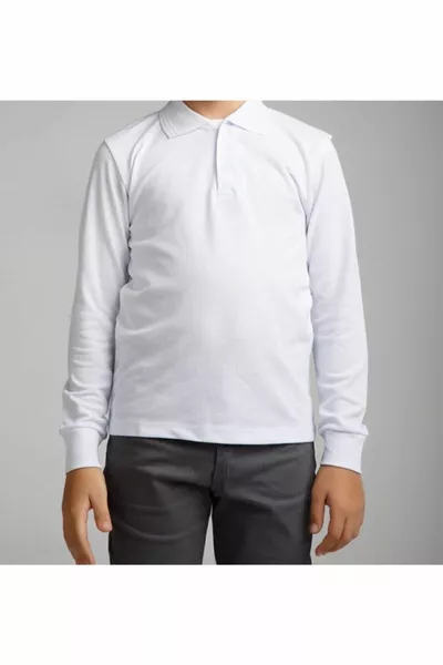 قميص بولو أبيض بأكمام طويلة