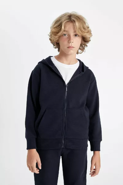 Boys' Basic Plain Navy Blue Hooded Zip-Up School Cardigan au