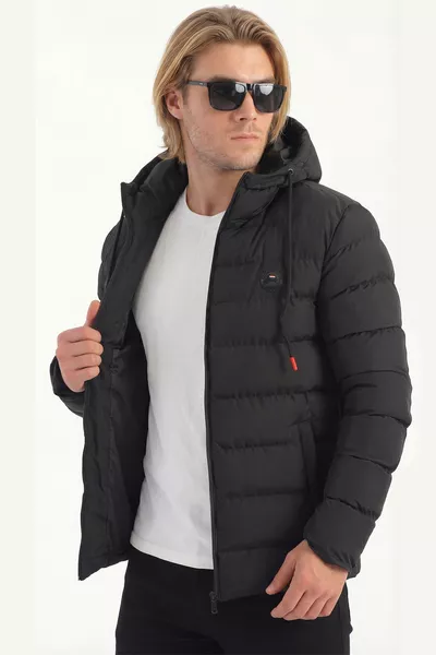 Мъжко черно подплатено непромокаемо подпухнало яке с качулка