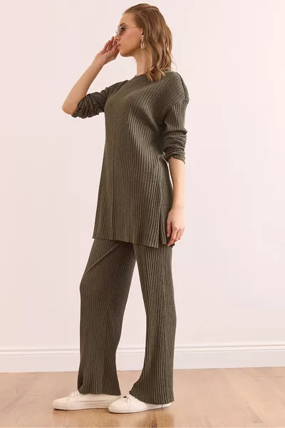 Women's Khaki High-Slit Top with Palazzo Ribbed Set 