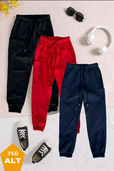 3-Pack Polar-Lined Elastic Cuff Pants Unisex Kids' Sweatpants Red-Navy-Black