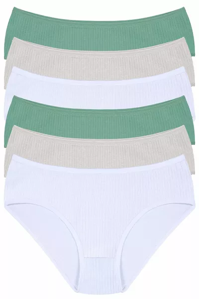 % Cotton, High-Waist, Ribbed, Women's Panties Set of 6: 2 Green, 2 Beige, 2 White