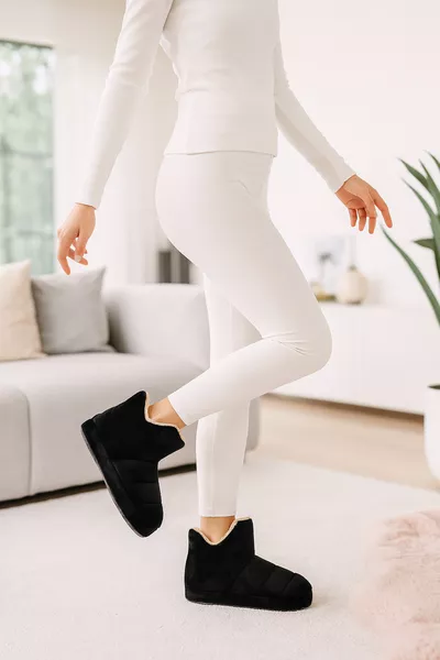 حذاء منزل نسائي فروي بطانة سميكة خفيفة اللون أسود