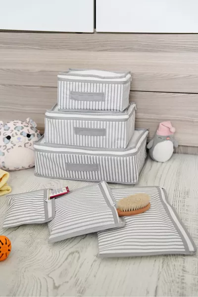 حقيبة خروج من المستشفى/الولادة مكونة من 6 قطع - بنقشة الحبل الرمادي