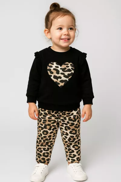 Бебешки/детски комплект с два части с леопардов принт и детайл сърце - бежов