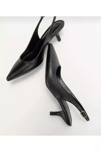 حذاء نسائي ستيلتو أسود بكعب قصير مريح وخلف مفتوح