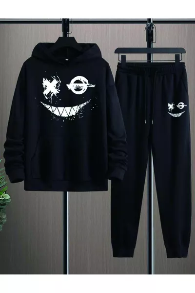 طقم رياضي رجالي أسود كبير الحجم بأكمام واقية، بكابيشو أساسي، مطبوع عليه شعار Beast، مصنوع من القطن، بنطال بمطاط عند الكاحل