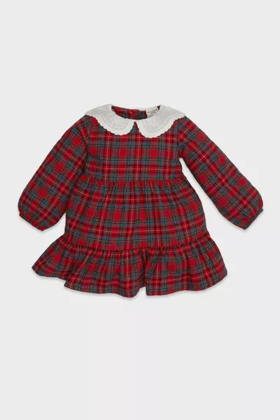 فستان قطن مفلان للفتيات حديثي الولادة بأكمام طويلة وبتصميم رأس السنة مربعات WN