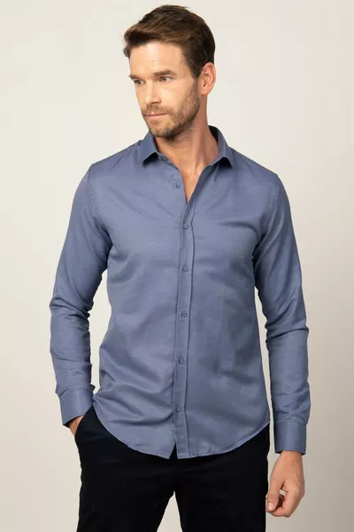 قميص رجالي أزرق بحجم نحيف حديث، بأكمام طويلة، من القطن، سهل الكي، بنقشة مبطنة