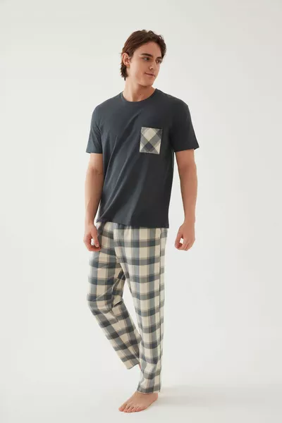 Herenkatoenen Top Grijs met Borstzak Korte Mouw Pyjama Set