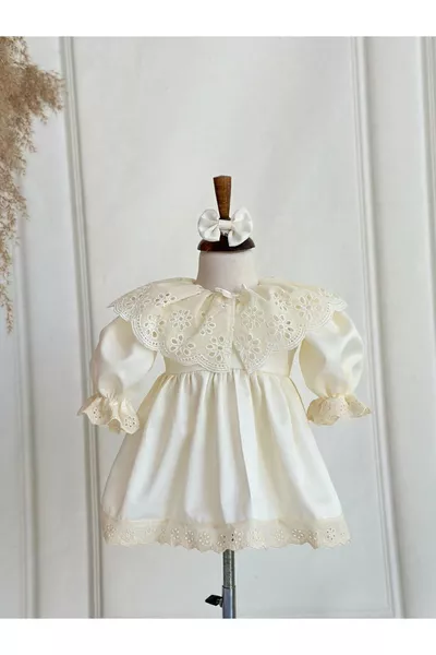 طقم فستان مولود للأطفال بزخارف البابونج، بياقة كاب، وأكمام منفوخة